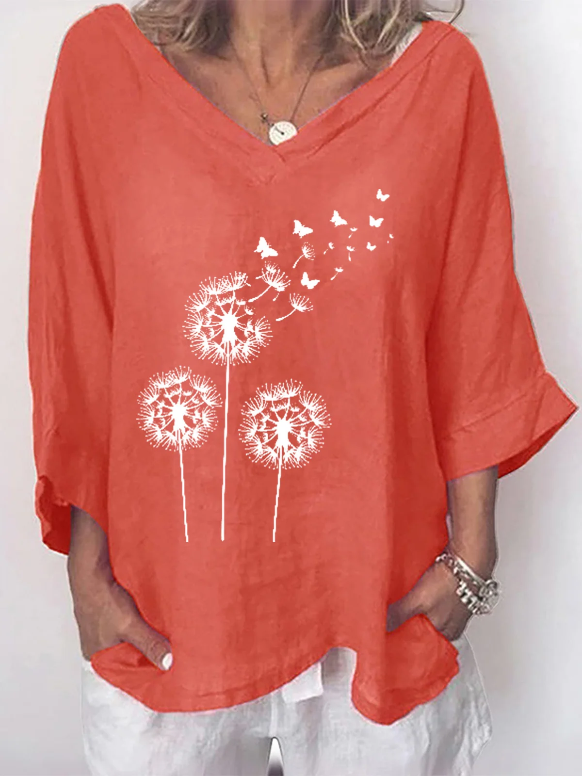 Women's Long Sleeve Blouse Spring/Fall Dandelion Cotton V Neck Daily Going Out Casual Top