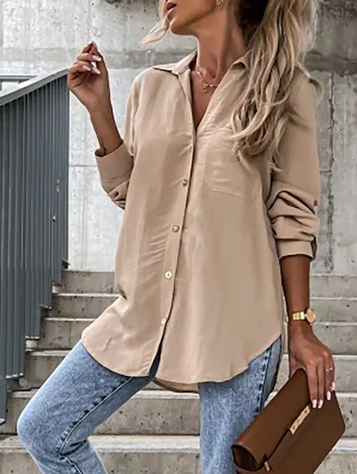 Women's Long Sleeve Shirt Spring/Fall Plain Buttoned Shirt Collar Daily Going Out Casual Top