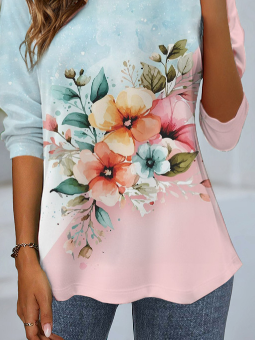 Women's Long Sleeve Tee T-shirt Spring/Fall Floral Jersey Crew Neck Daily Going Out Casual Top Pink