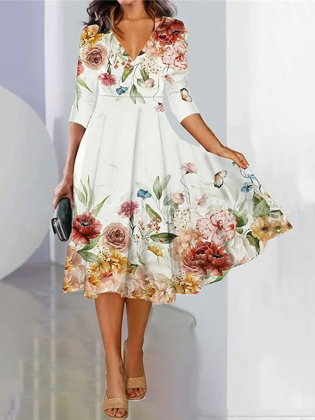 Women's Three Quarter Sleeve Spring/Fall Floral Dress V Neck Daily Going Out Casual Midi A-Line Fit & Flare Dress