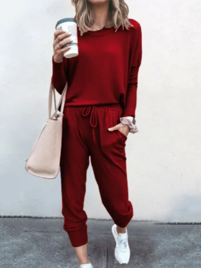 Women's Jersey Plain Daily Going Out Two Piece Set Long Sleeve Casual Spring/Fall Top With Pants Matching Set