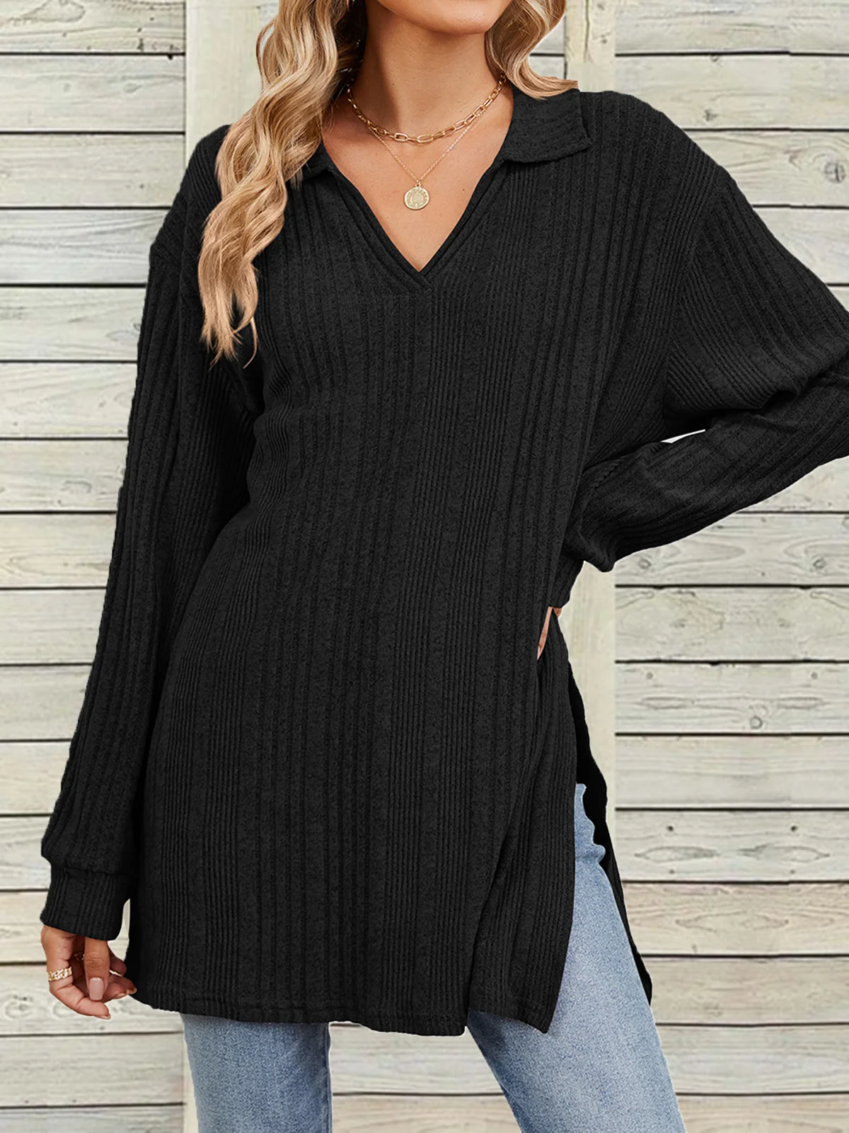 Women's Long Sleeve Blouse Spring/Fall Plain V Neck Daily Going Out Casual Top Black