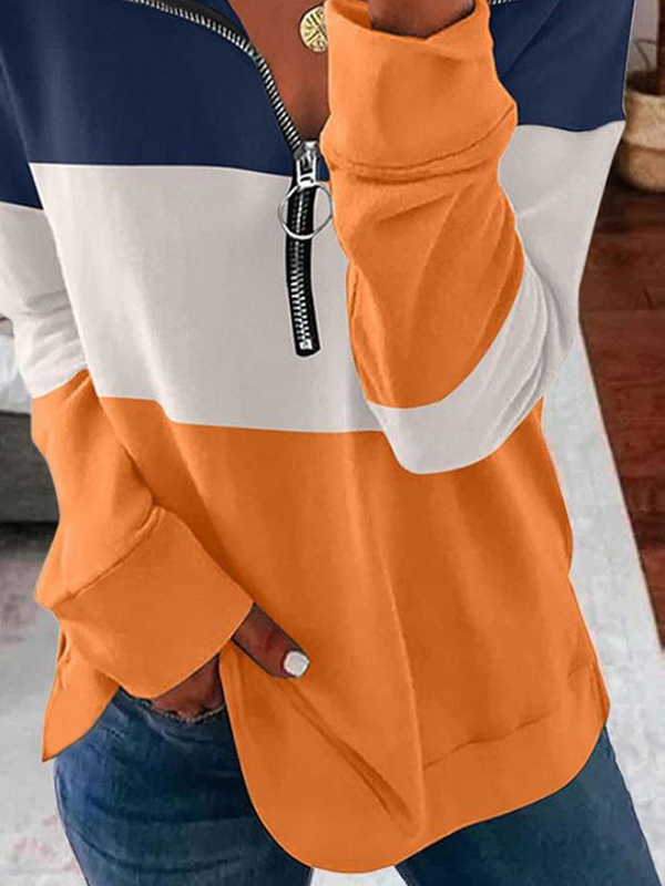 Women's Crew Neck Color Block Zipper Casual Spring/Fall Long Sleeve Sweatshirt