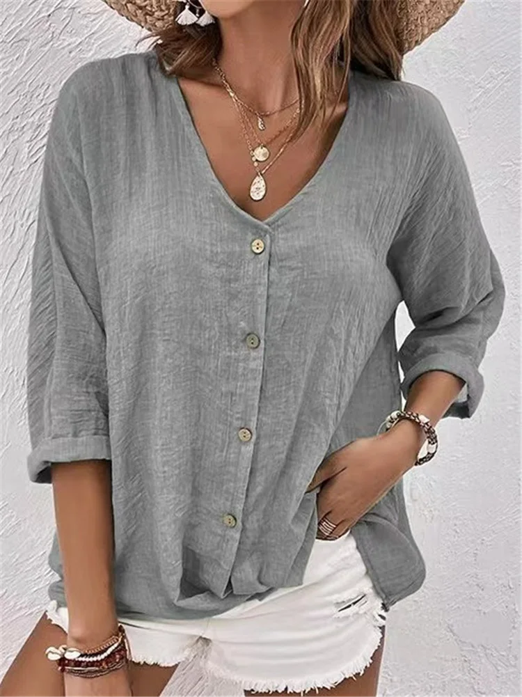 Women's Long Sleeve Shirt Spring/Fall Ombre Cotton V Neck Daily Going Out Casual Top