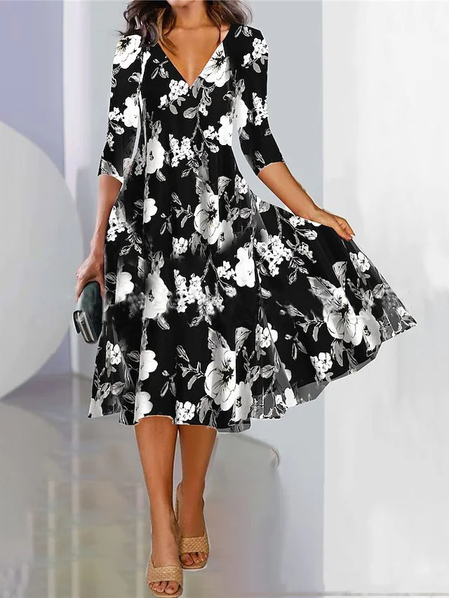 Women's Three Quarter Sleeve Spring/Fall Floral Dress V Neck Daily Going Out Casual Midi A-Line Fit & Flare Dress