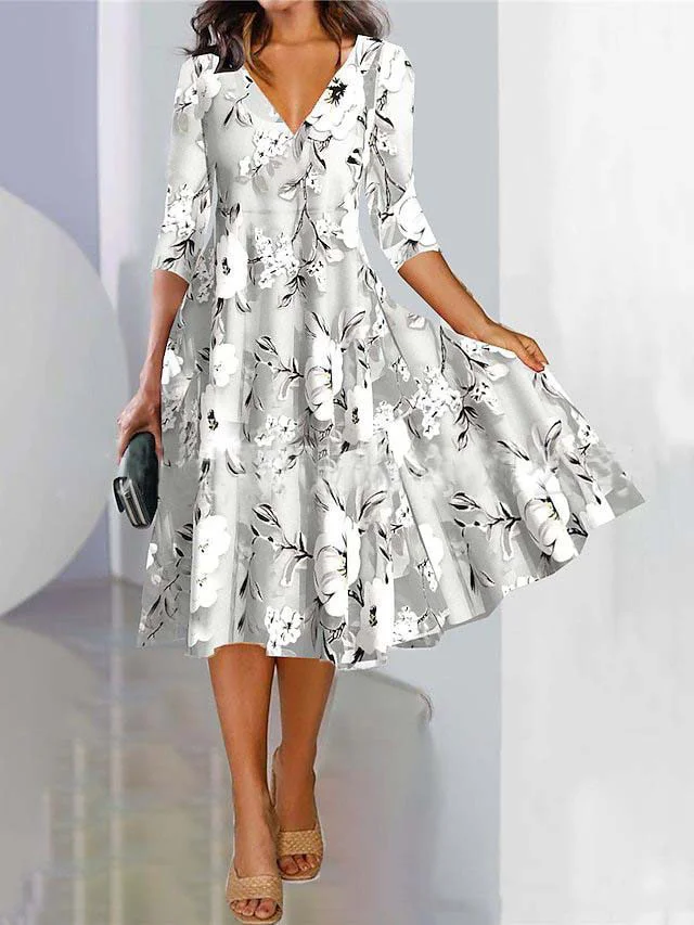 Women's Three Quarter Sleeve Spring/Fall Floral Dress V Neck Daily Going Out Casual Midi A-Line Fit & Flare Dress