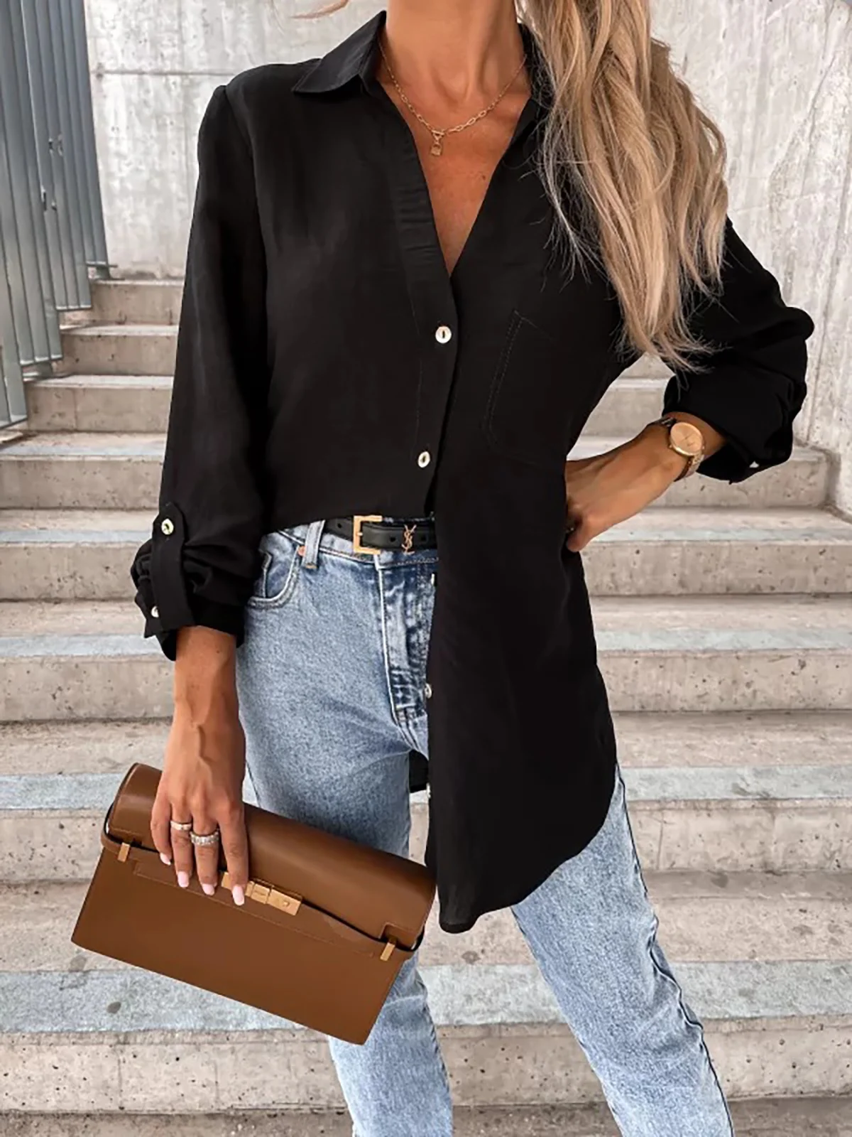 Women's Long Sleeve Shirt Spring/Fall Plain Buttoned Shirt Collar Daily Going Out Casual Top