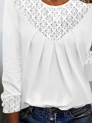 Women's Long Sleeve Blouse Spring/Fall Dandelion Lace Cotton Crew Neck Daily Going Out Casual Top