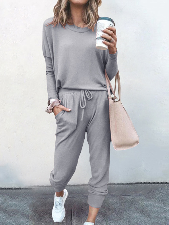 Women's Jersey Plain Daily Going Out Two Piece Set Long Sleeve Casual Spring/Fall Top With Pants Matching Set