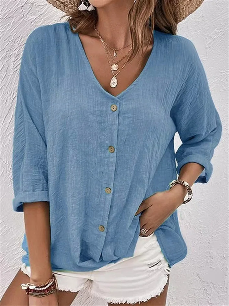 Women's Long Sleeve Shirt Spring/Fall Ombre Cotton V Neck Daily Going Out Casual Top