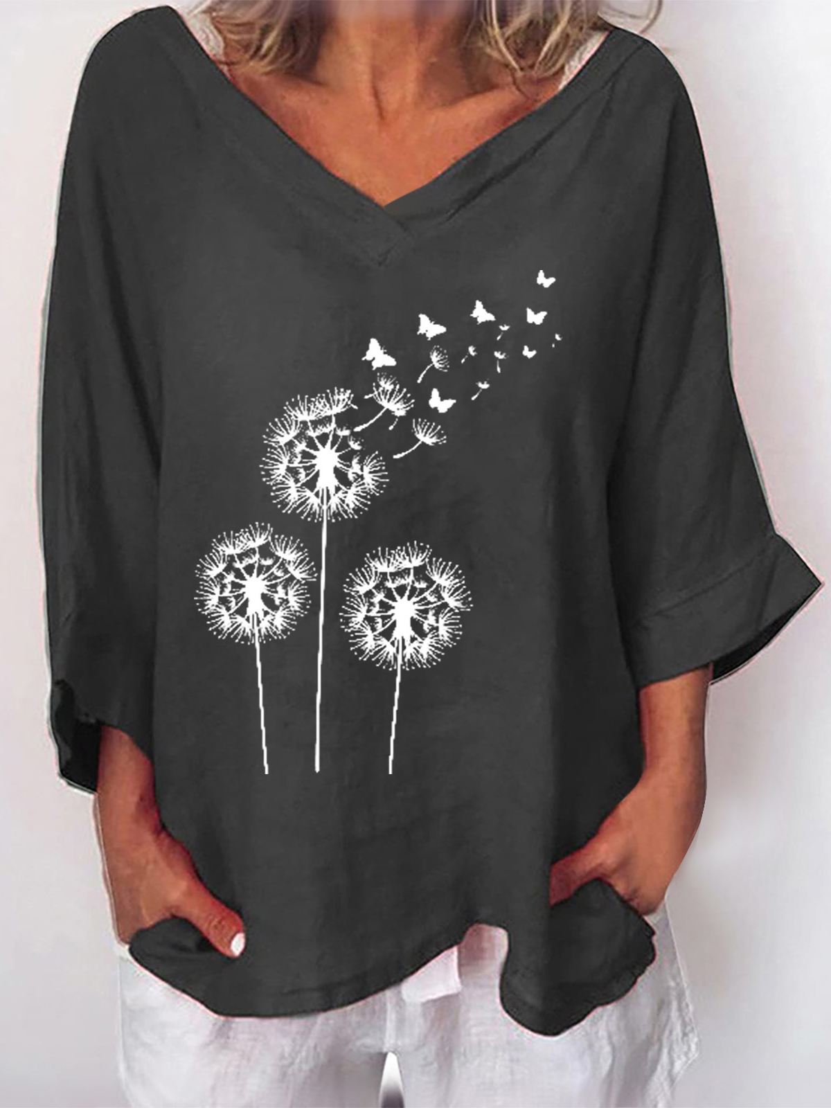 Women's Long Sleeve Blouse Spring/Fall Dandelion Cotton V Neck Daily Going Out Casual Top