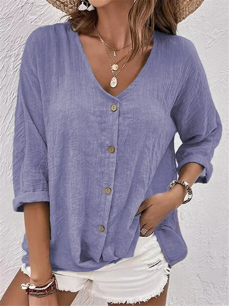 Women's Long Sleeve Shirt Spring/Fall Ombre Cotton V Neck Daily Going Out Casual Top