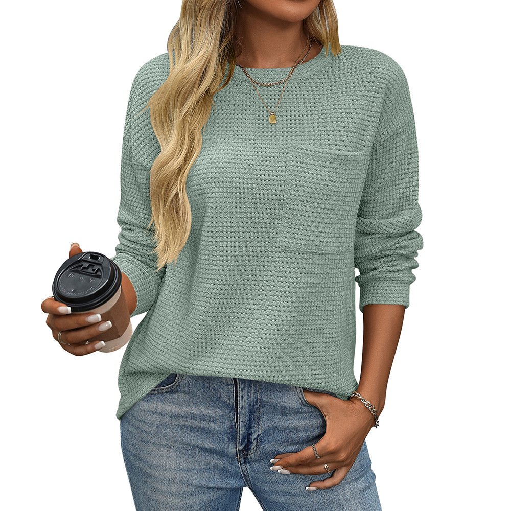 Women's Long Sleeve Blouse Spring/Fall Plain Pocket Stitching Crew Neck Daily Going Out Casual Top