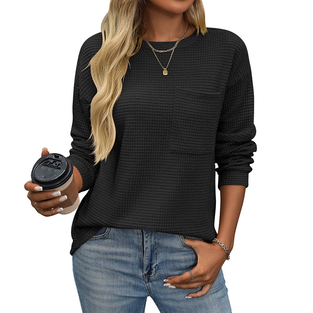 Women's Long Sleeve Blouse Spring/Fall Plain Pocket Stitching Crew Neck Daily Going Out Casual Top