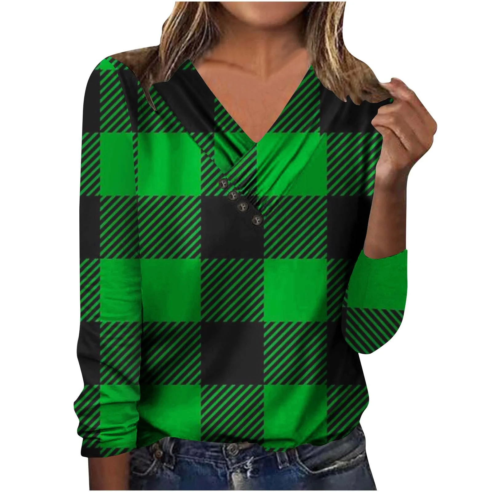 Women's Long Sleeve Blouse Spring/Fall Plaid Cross Neck Daily Going Out Casual Top