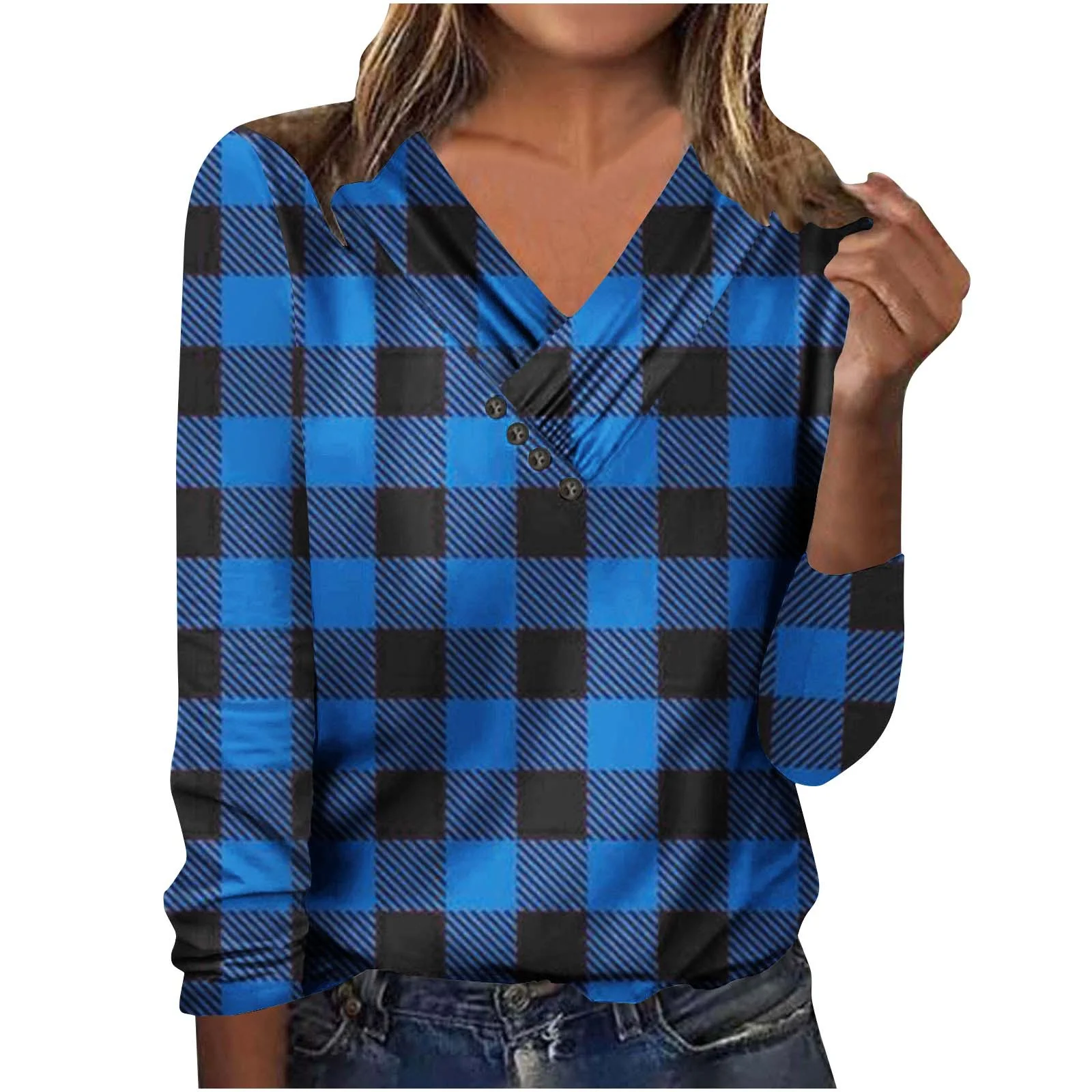 Women's Long Sleeve Blouse Spring/Fall Plaid Cross Neck Daily Going Out Casual Top