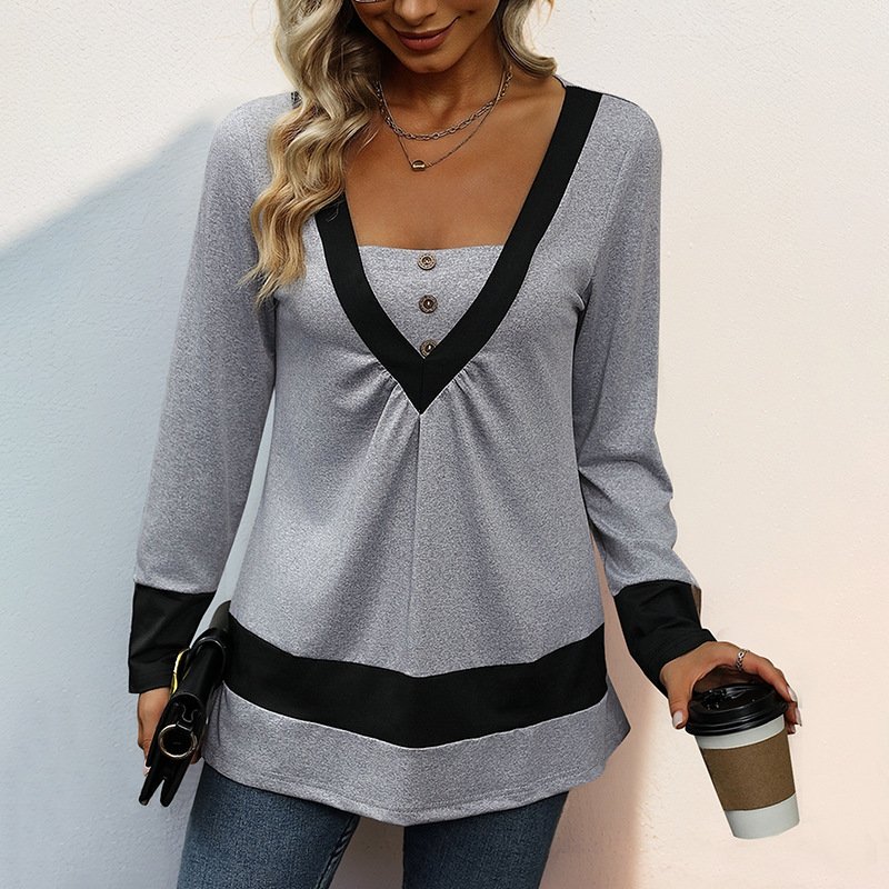 Women's Long Sleeve Blouse Spring/Fall Contrast Stitching V Neck Daily Going Out Casual Top