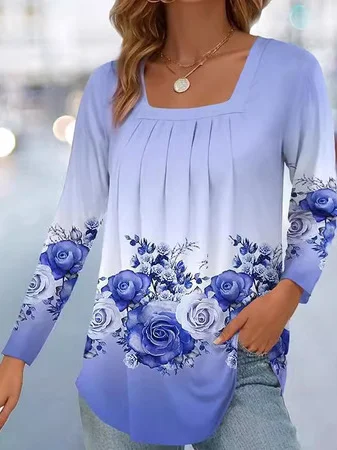 Women's Long Sleeve Blouse Spring/Fall Floral Square Neck Daily Going Out Casual Top