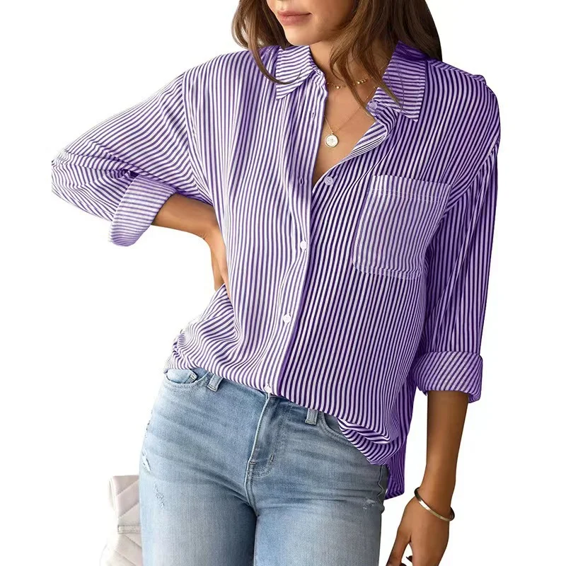 Women's Long Sleeve Shirt Spring/Fall Striped Cotton Shirt Collar Daily Going Out Casual Top