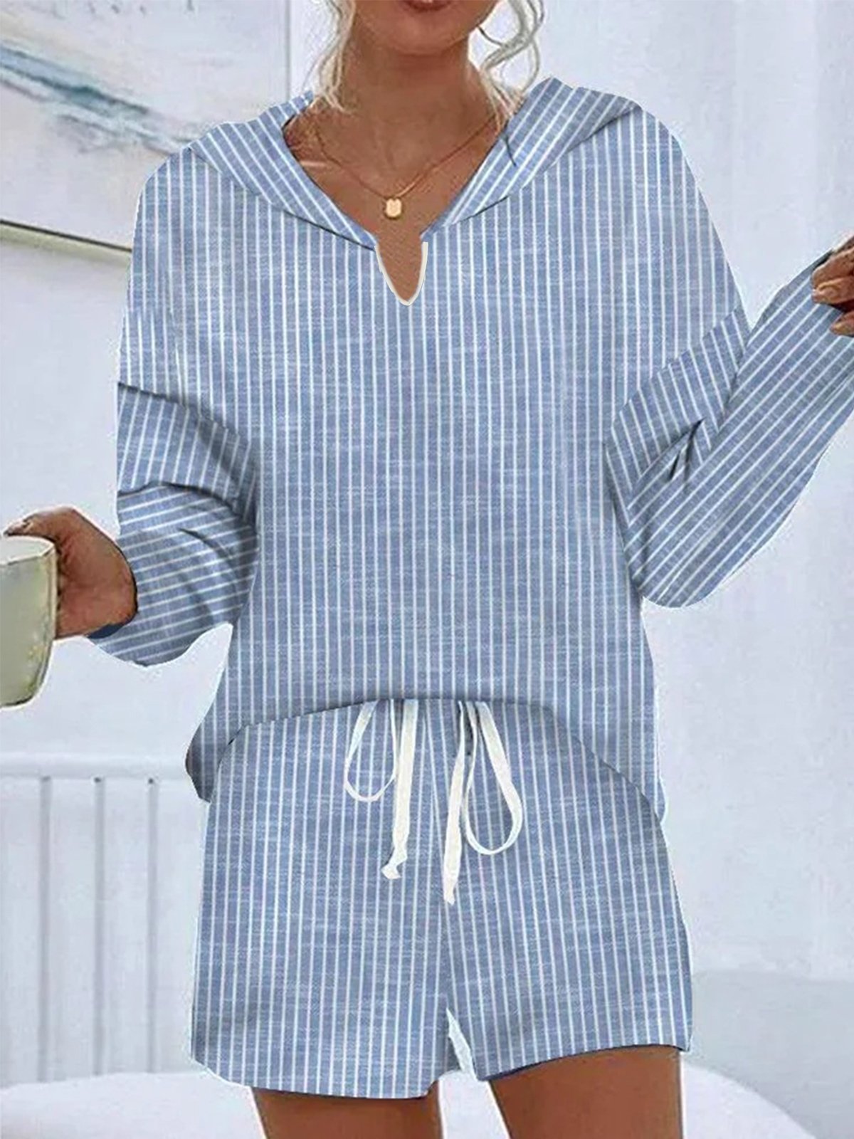 Women's Striped Two-Piece Set Daily Long Sleeve Casual Spring/Fall Top With Pants Matching Set