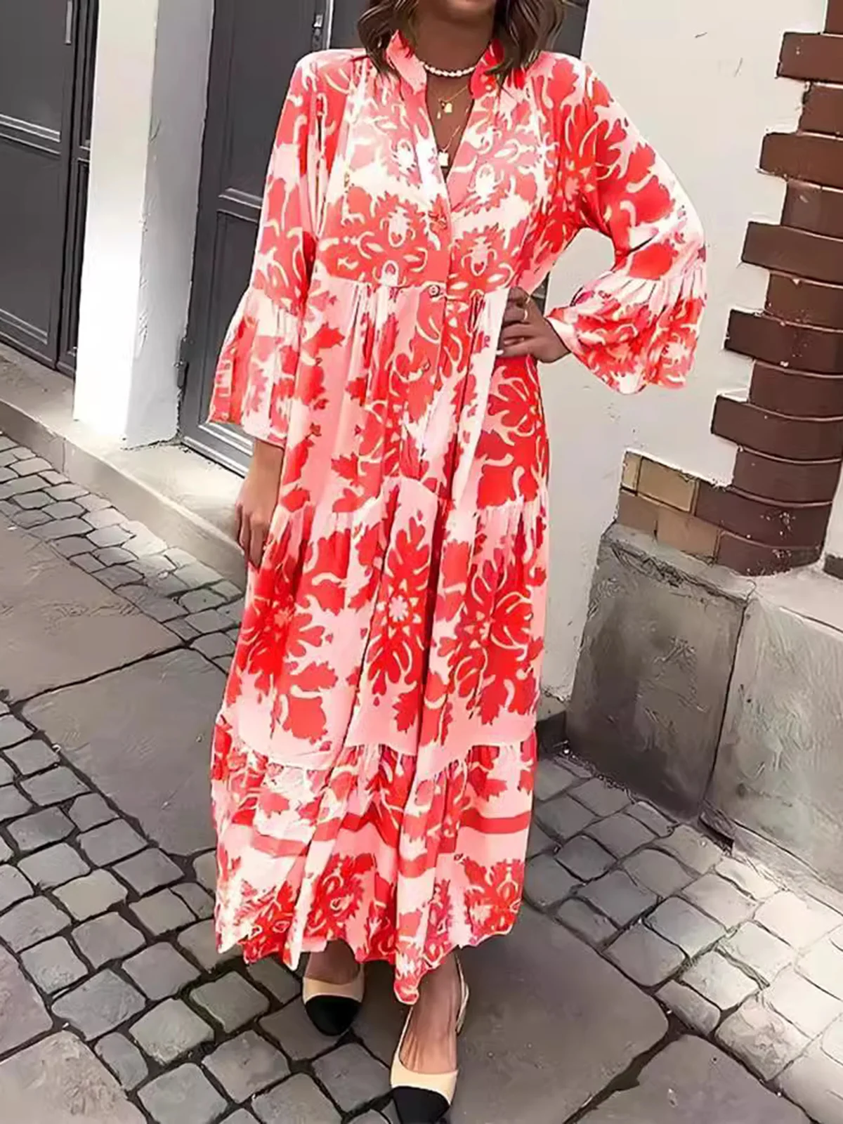 Women's Long Sleeve Spring/Fall Ethnic Printing Dress V Neck Party Going Out Ethnic Maxi A-Line