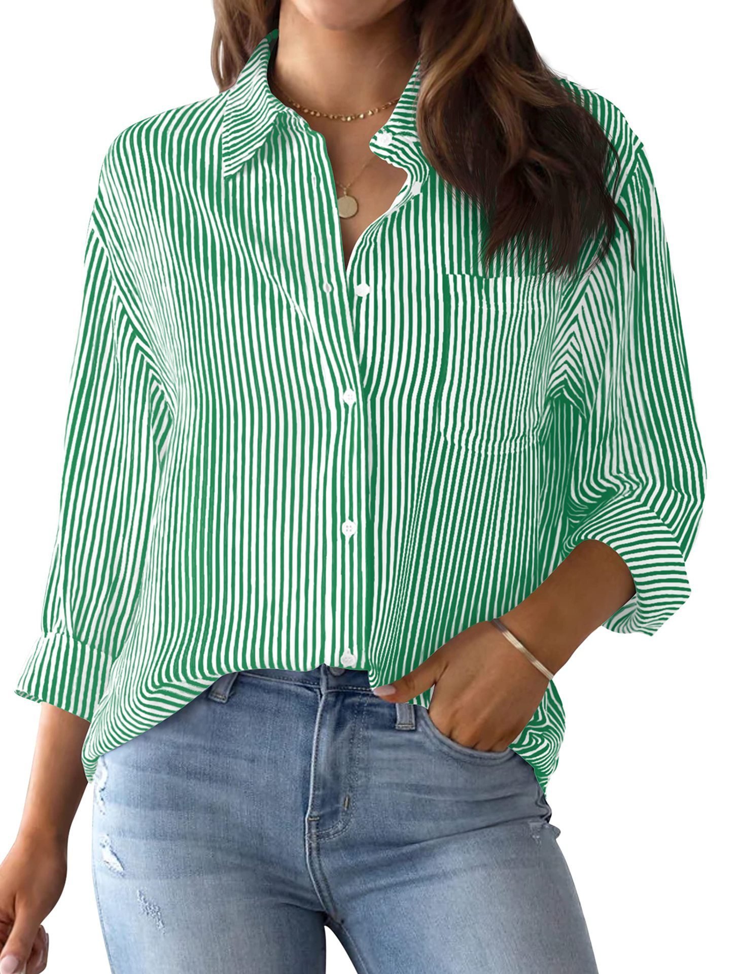 Women's Long Sleeve Shirt Spring/Fall Striped Cotton Shirt Collar Daily Going Out Casual Top