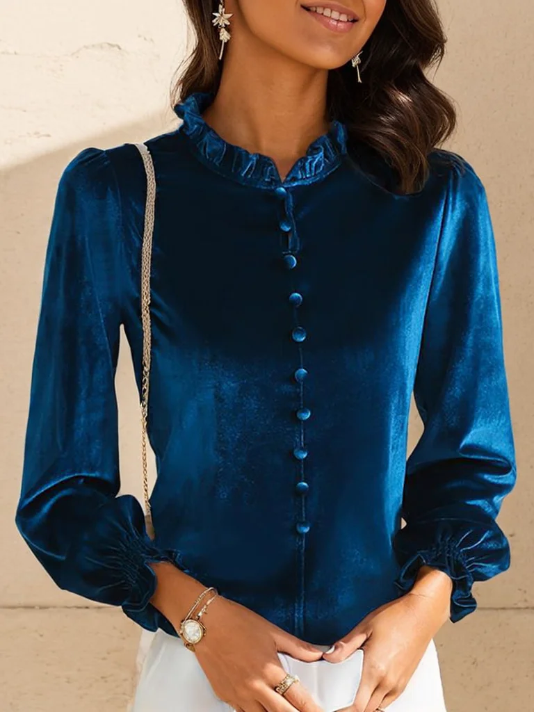 Women's Long Sleeve Blouse Spring/Fall Plain Buckle Velvet Lotus Leaf Collar Daily Going Out Casual Top