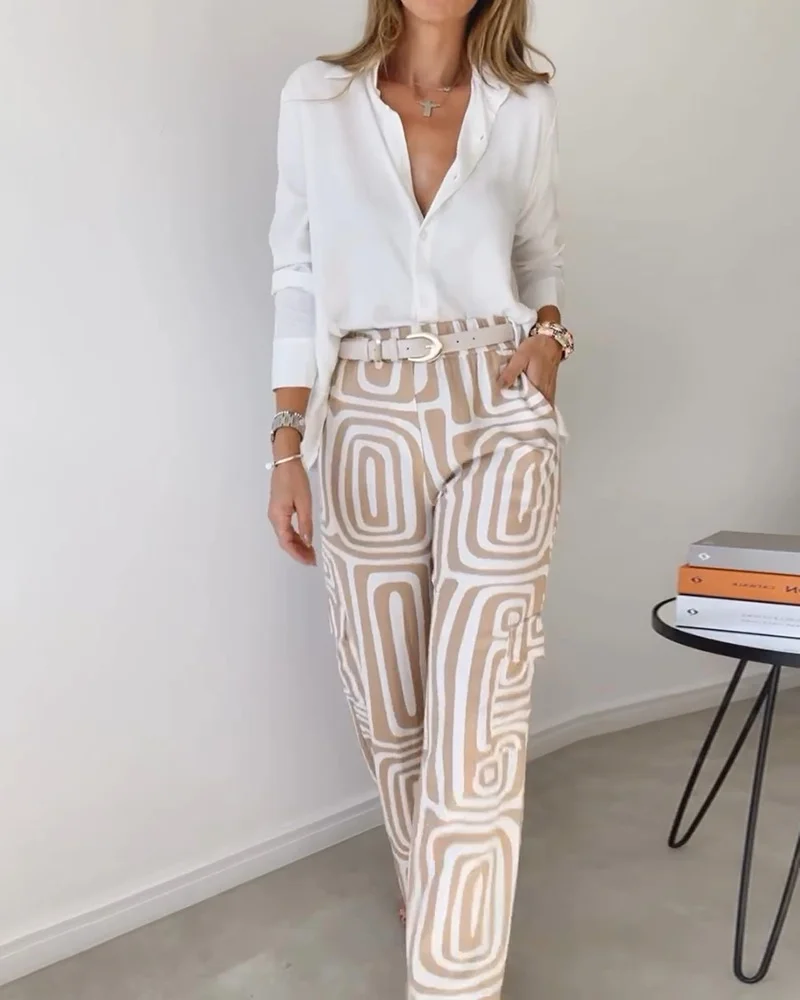 Women's Abstract Daily Going Out Two Piece Set Long Sleeve Casual Spring/Fall Top With Pants Matching Set