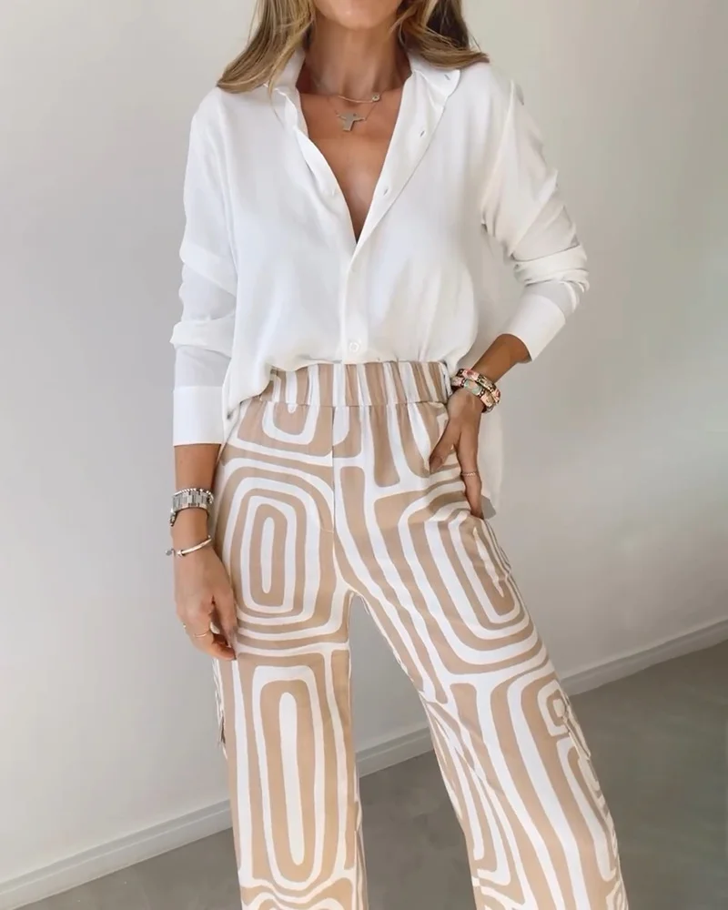 Women's Abstract Daily Going Out Two Piece Set Long Sleeve Casual Spring/Fall Top With Pants Matching Set