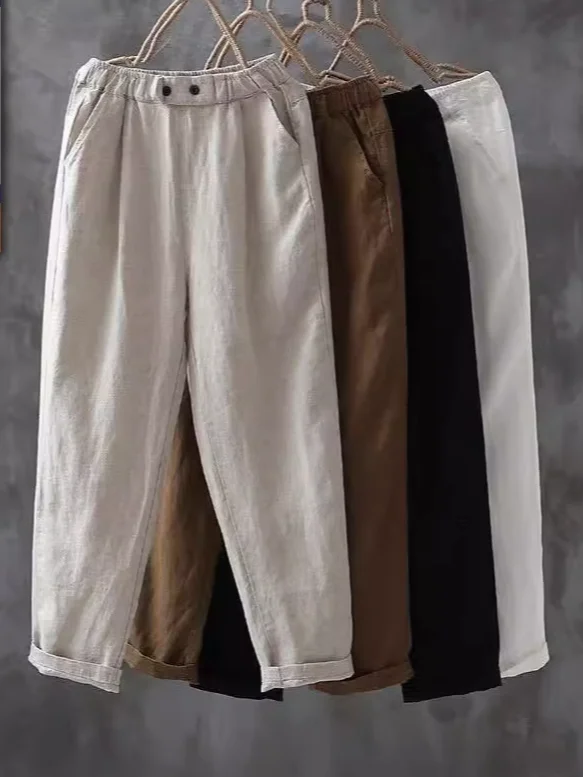 Women's Trousers Daily Going Out Casual Cotton And Linen Plain Spring/Fall Pants