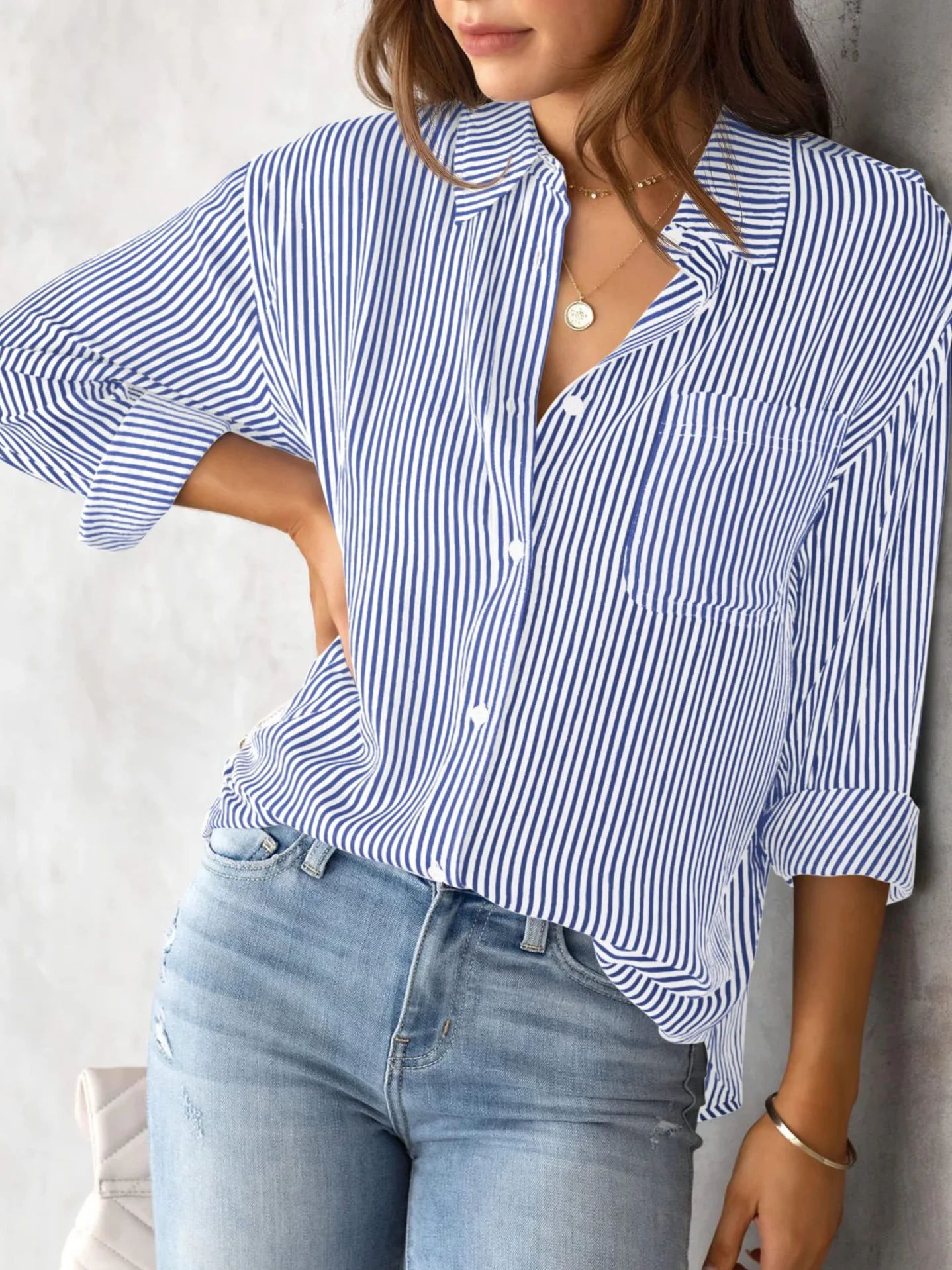 Women's Long Sleeve Shirt Spring/Fall Striped Cotton Shirt Collar Daily Going Out Casual Top