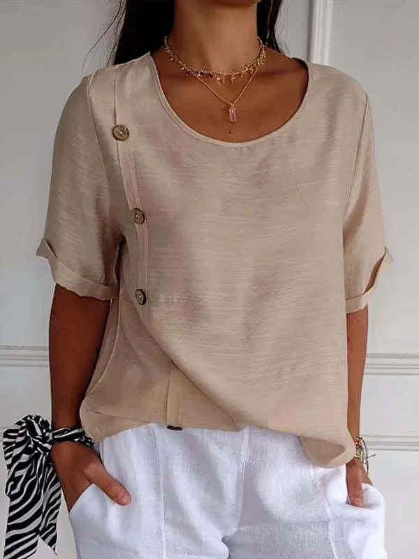 Women's Short Sleeve Blouse Summer Plain Buckle Cotton And Linen Crew Neck Daily Going Out Casual Top