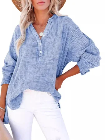 Women's Long Sleeve Shirt Spring/Fall Plain Buckle V Neck Daily Going Out Casual Top