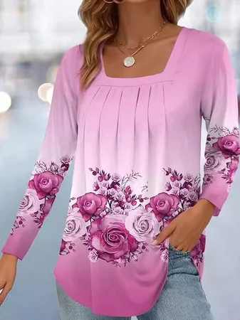 Women's Long Sleeve Blouse Spring/Fall Floral Square Neck Daily Going Out Casual Top