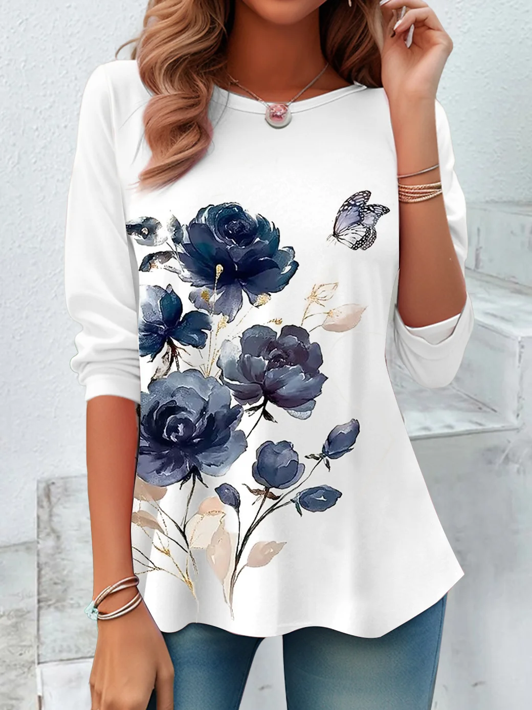 Women's Long Sleeve Tee T-shirt Spring/Fall Floral Printing Jersey Crew Neck Daily Going Out Casual Top