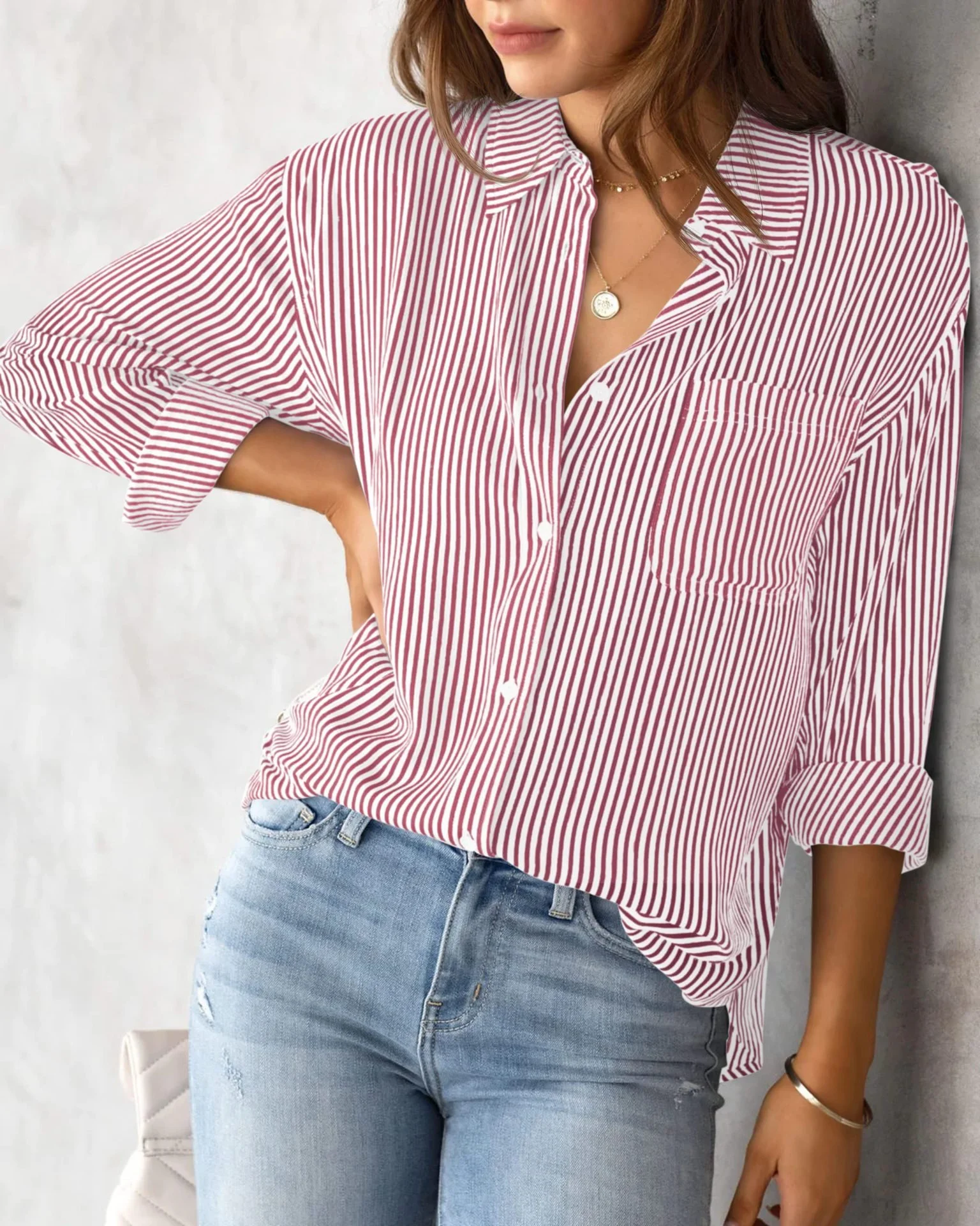 Women's Long Sleeve Shirt Spring/Fall Striped Cotton Shirt Collar Daily Going Out Casual Top