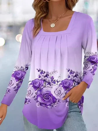 Women's Long Sleeve Blouse Spring/Fall Floral Square Neck Daily Going Out Casual Top