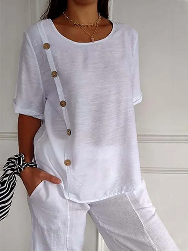 Women's Short Sleeve Blouse Summer Plain Buckle Cotton And Linen Crew Neck Daily Going Out Casual Top