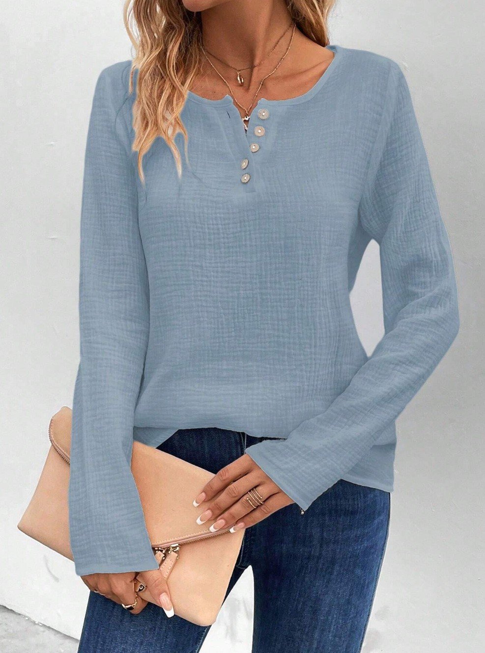 Women's Long Sleeve Blouse Spring/Fall Plain Cotton Crew Neck Daily Going Out Casual Top