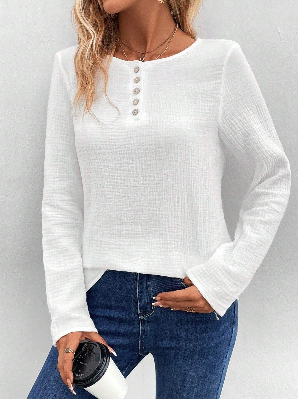 Women's Long Sleeve Blouse Spring/Fall Plain Cotton Crew Neck Daily Going Out Casual Top