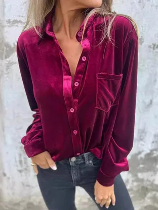 Women's Long Sleeve Shirt Spring/Fall Plain Velvet Shirt Collar Daily Going Out Casual Top