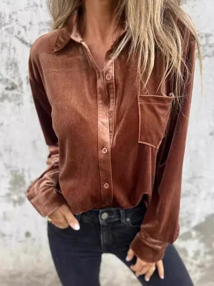 Women's Long Sleeve Shirt Spring/Fall Plain Velvet Shirt Collar Daily Going Out Casual Top