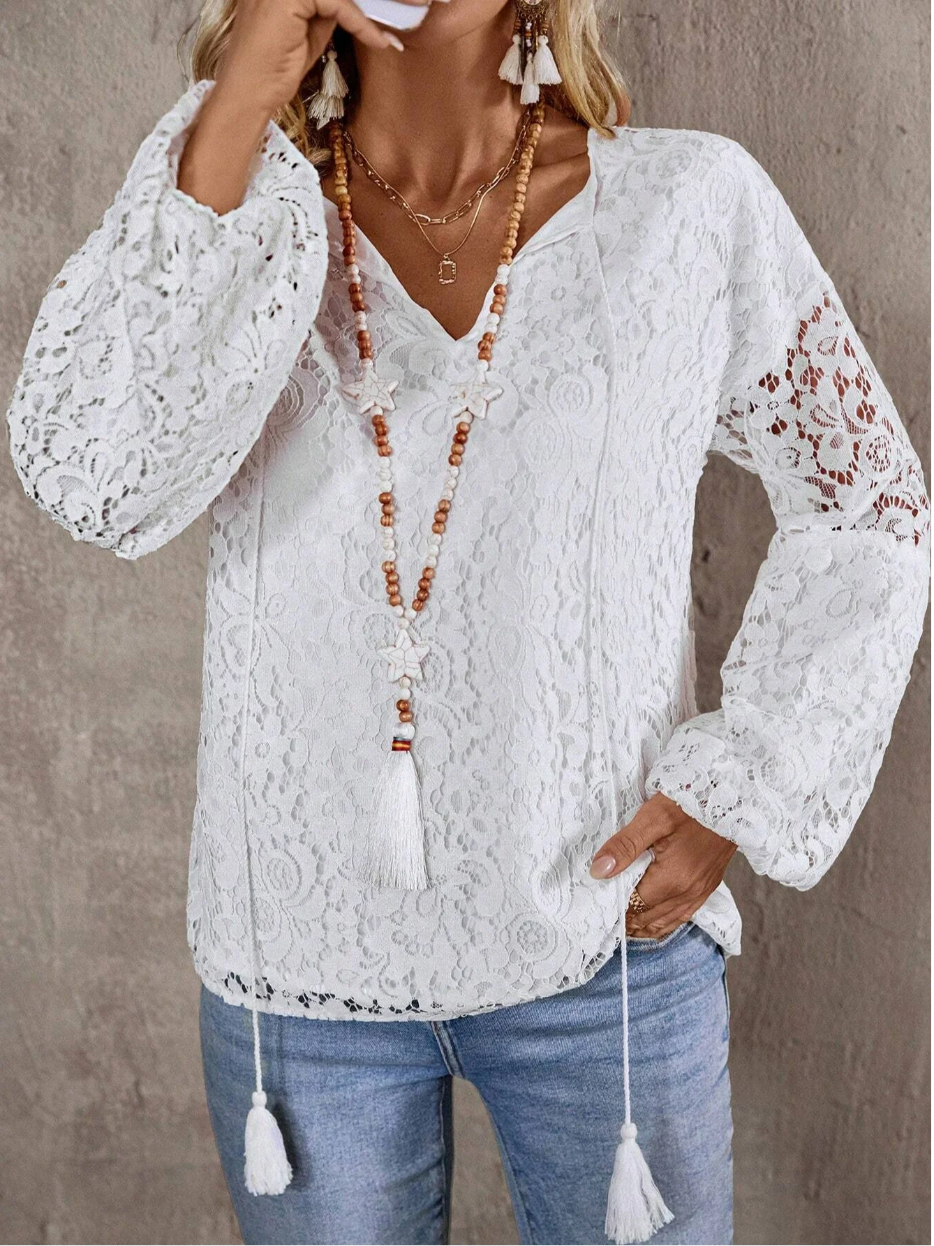 Women's Long Sleeve Blouse Spring/Fall Plain Lace V Neck Daily Going Out Casual Top