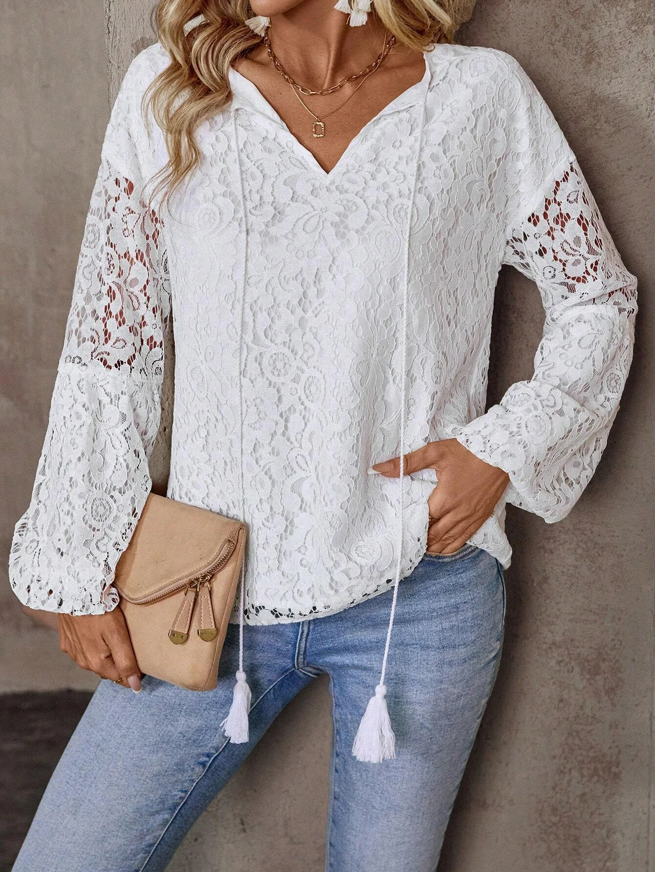 Women's Long Sleeve Blouse Spring/Fall Plain Lace V Neck Daily Going Out Casual Top