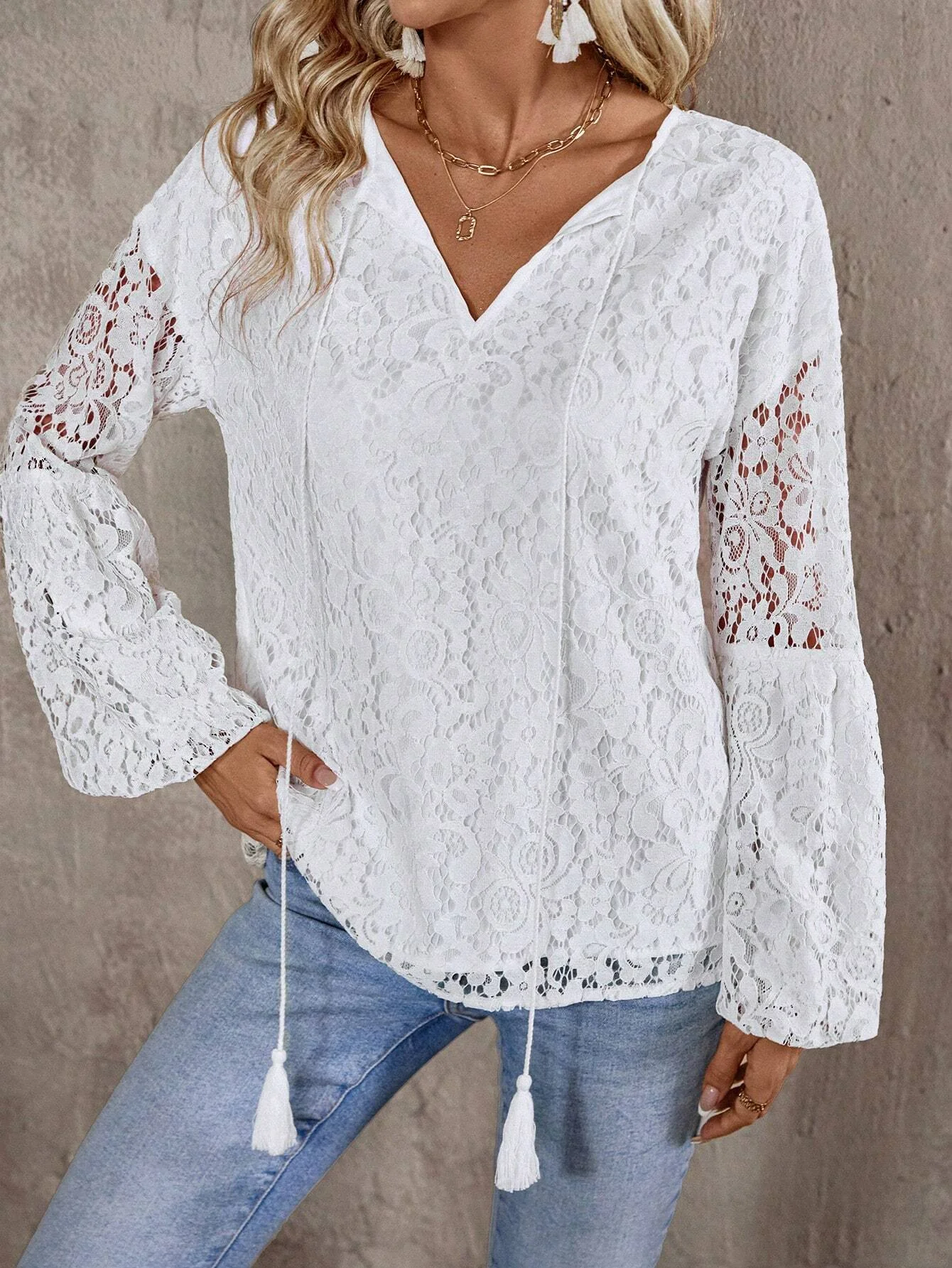 Women's Long Sleeve Blouse Spring/Fall Plain Lace V Neck Daily Going Out Casual Top