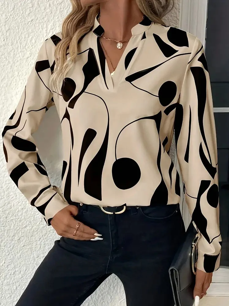 Women's Long Sleeve Blouse Spring/Fall Random Print V Neck Daily Going Out Casual Top