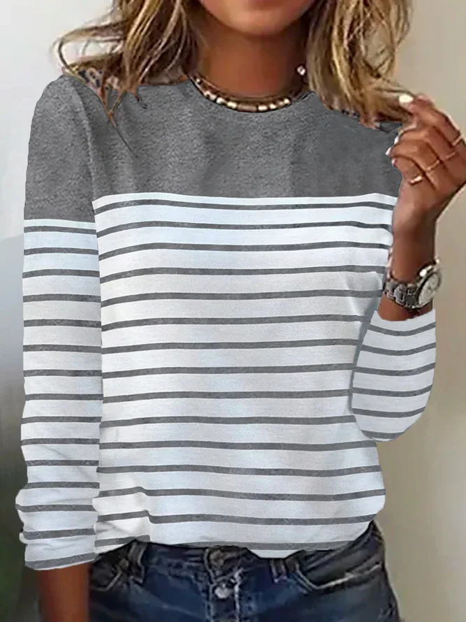 Women's Long Sleeve Tee T-shirt Spring/Fall Striped Printing Knitted Crew Neck Daily Going Out Casual Top