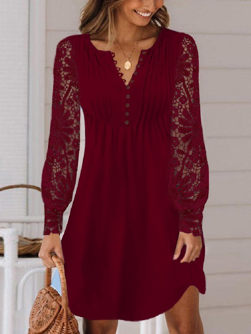 Women's Long Sleeve Spring/Fall Plain Lace Dress V Neck Daily Going Out Casual Maxi H-Line