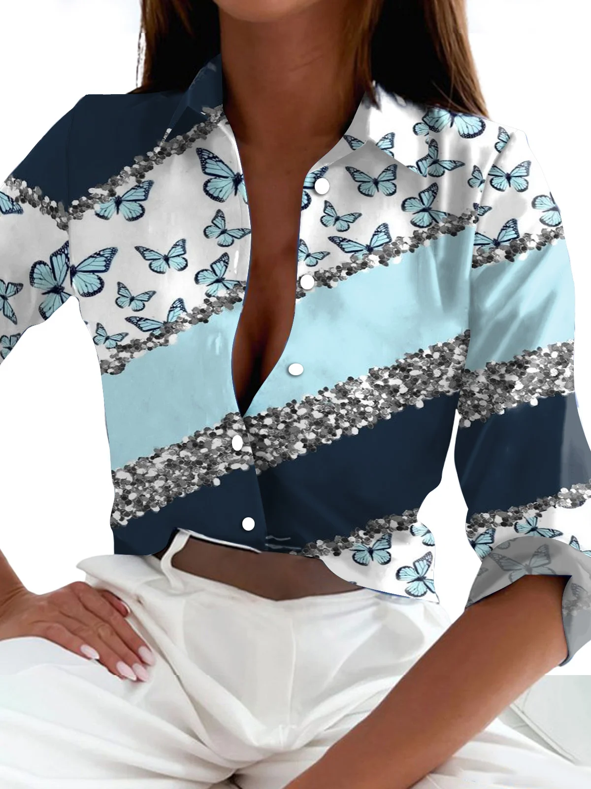 Women's Long Sleeve Shirt Spring/Fall Geometric Shirt Collar Daily Going Out Casual Top