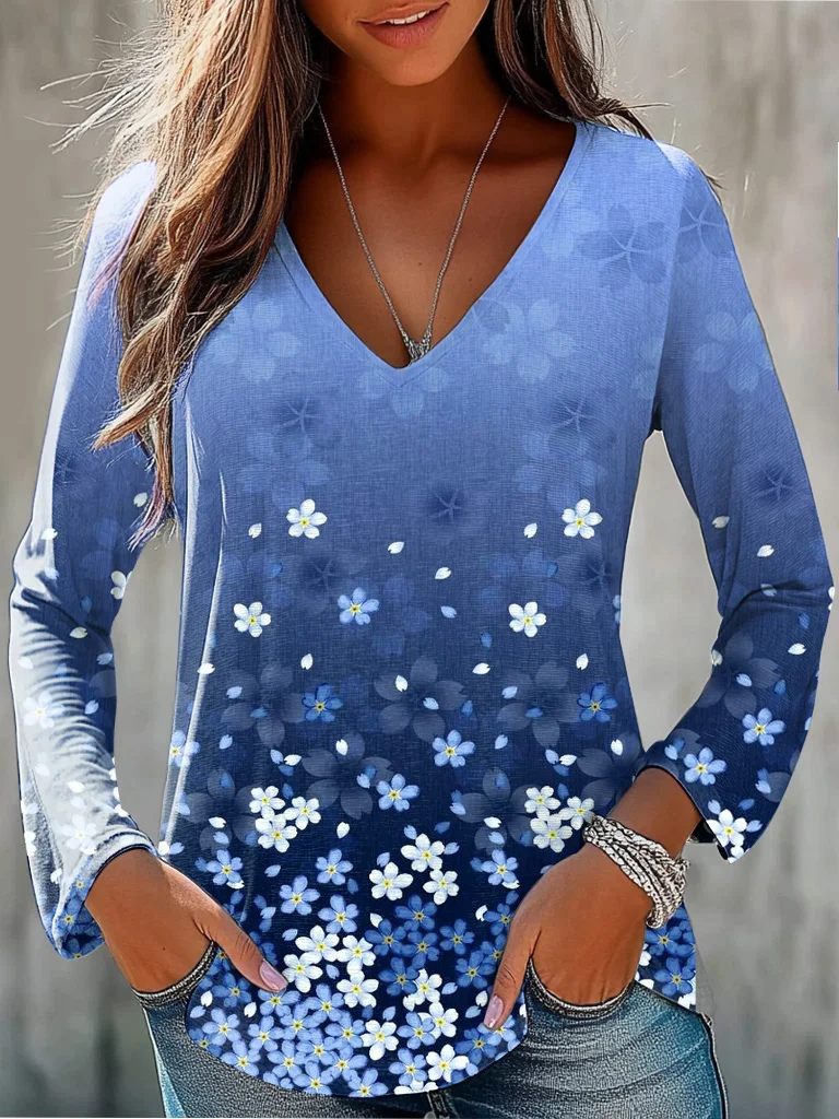 Women's Long Sleeve Tee T-shirt Spring/Fall Floral Jersey V Neck Daily Going Out Casual Top